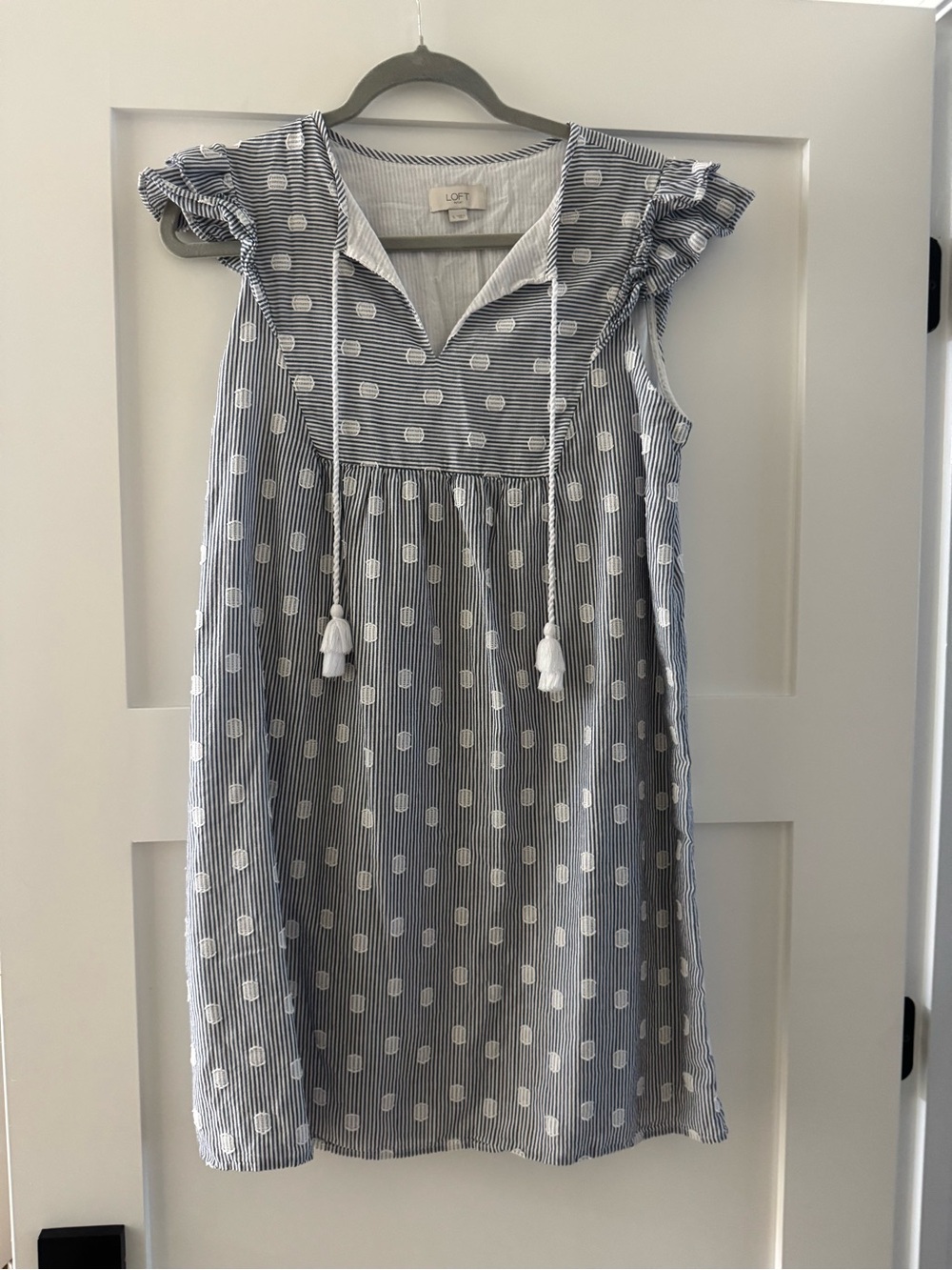 LOFT Blue and White Striped Polka Dot Tassel Dress